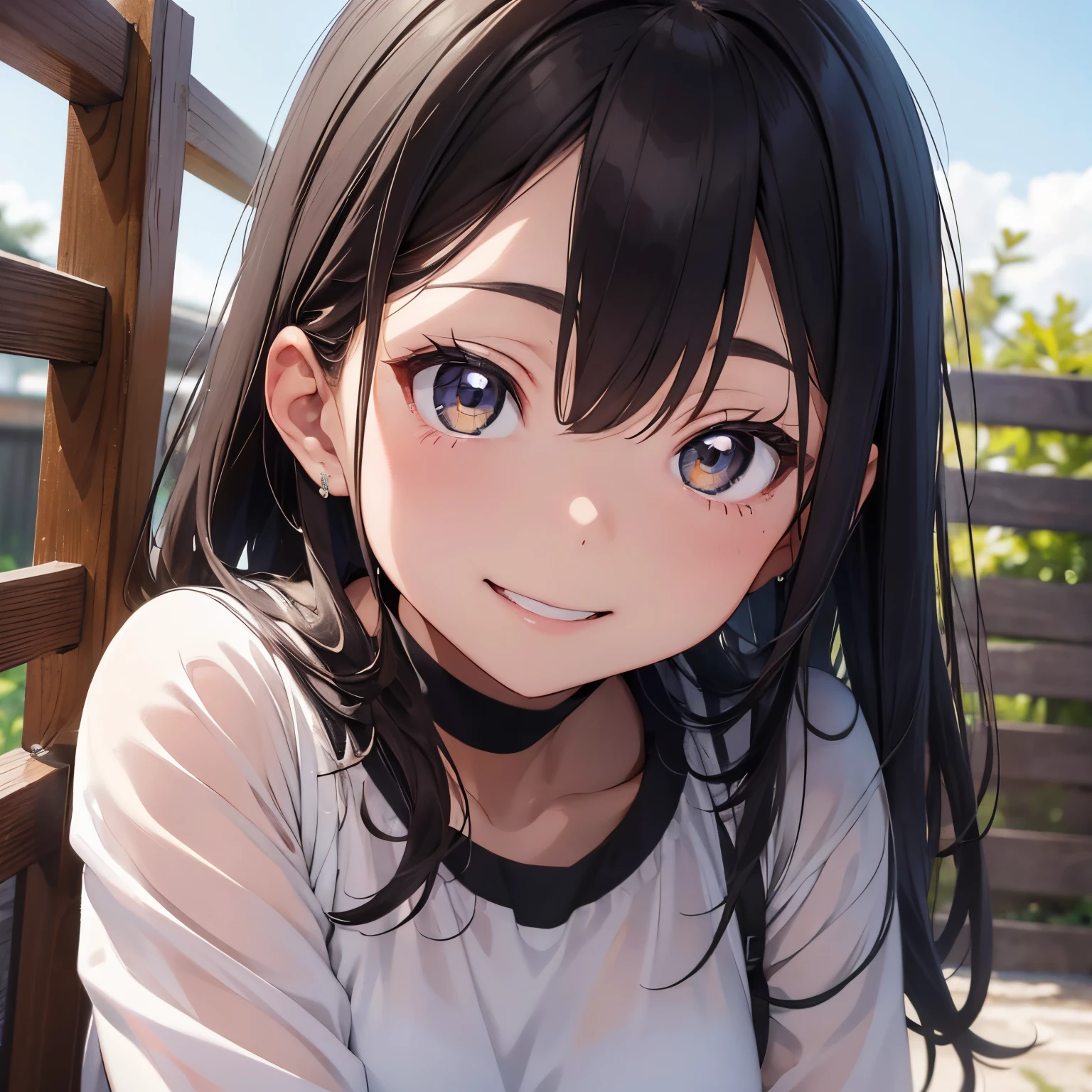 Anime girl with long black hair sitting on a bench - SeaArt AI