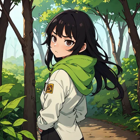 only one boy, 1boy, wearing a outdoor jacket, in the middle of the forest, taiga biome, headshot, feminine face, long back hair,...