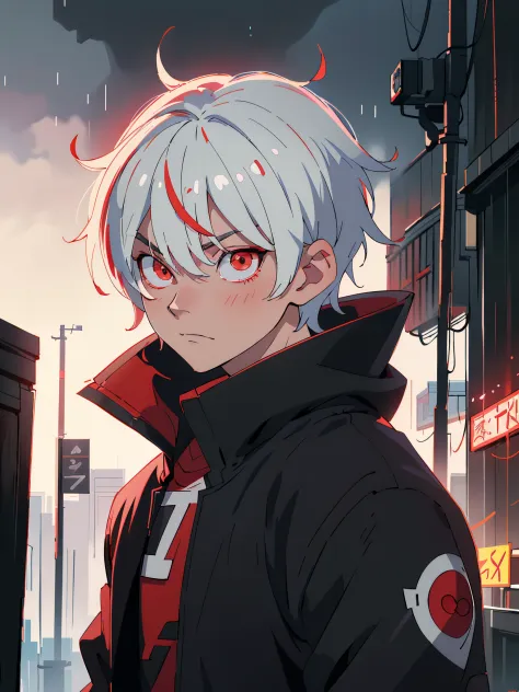 Anime boy with black hair and red eyes standing in the rain, with bright red eyes, with bright red eyes, Ken Kaneki, Kaneki Ken,...