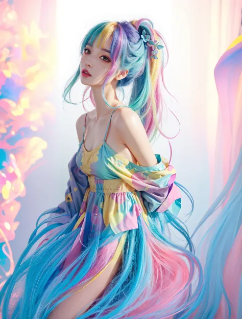 Close-up of a woman with colorful hair and dress, Colorful braids, colourful pastel, Roses draw soft vitality, cute colorful cut...