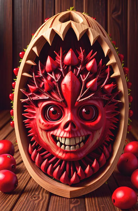 symmetrical wooden carved creepy fruitynightmare red cranberries, wood shavings, vibrant colorful wet paint, festive Christmas, snow, octane render, unreal engine, highly detailed, intricate