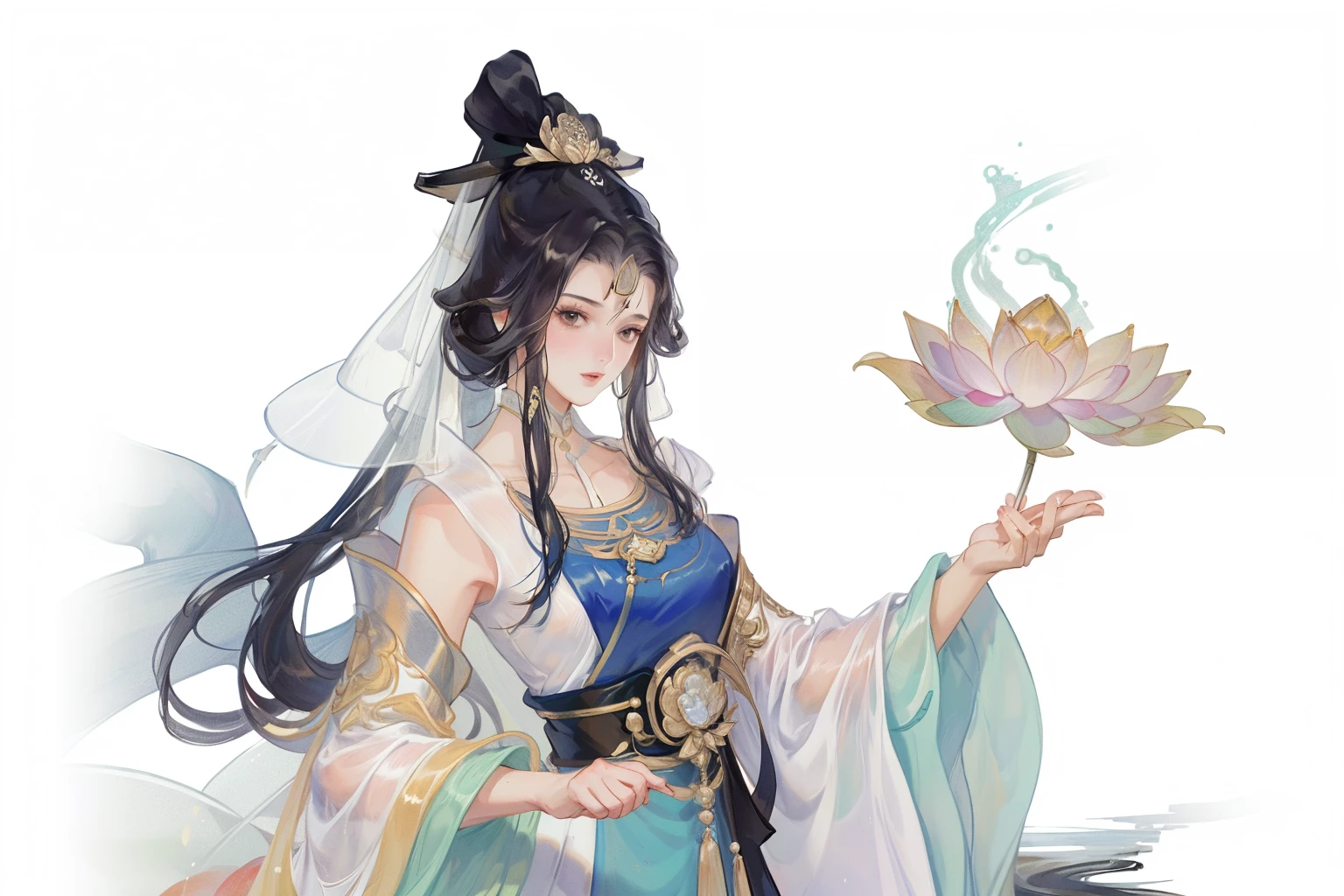 ((Best quality at best, 超高分辨率, Super clear)), (((1 girl))),(Long black hair), game fairy, Lotus leaf fairy, Hanfu, Yarn, Flowing light yarn, jewelry, (focal), (((Colorful))), particle fx , tmasterpiece, Best quality at best, beautiful painted, meticuloso, highly  detailed, (tmasterpiece, Best quality at best） CG unified 8K wallpaper，tmasterpiece，Best quality，ultra - detailed), Decisive cut, Super HD picture quality，Clear face，good looking hand