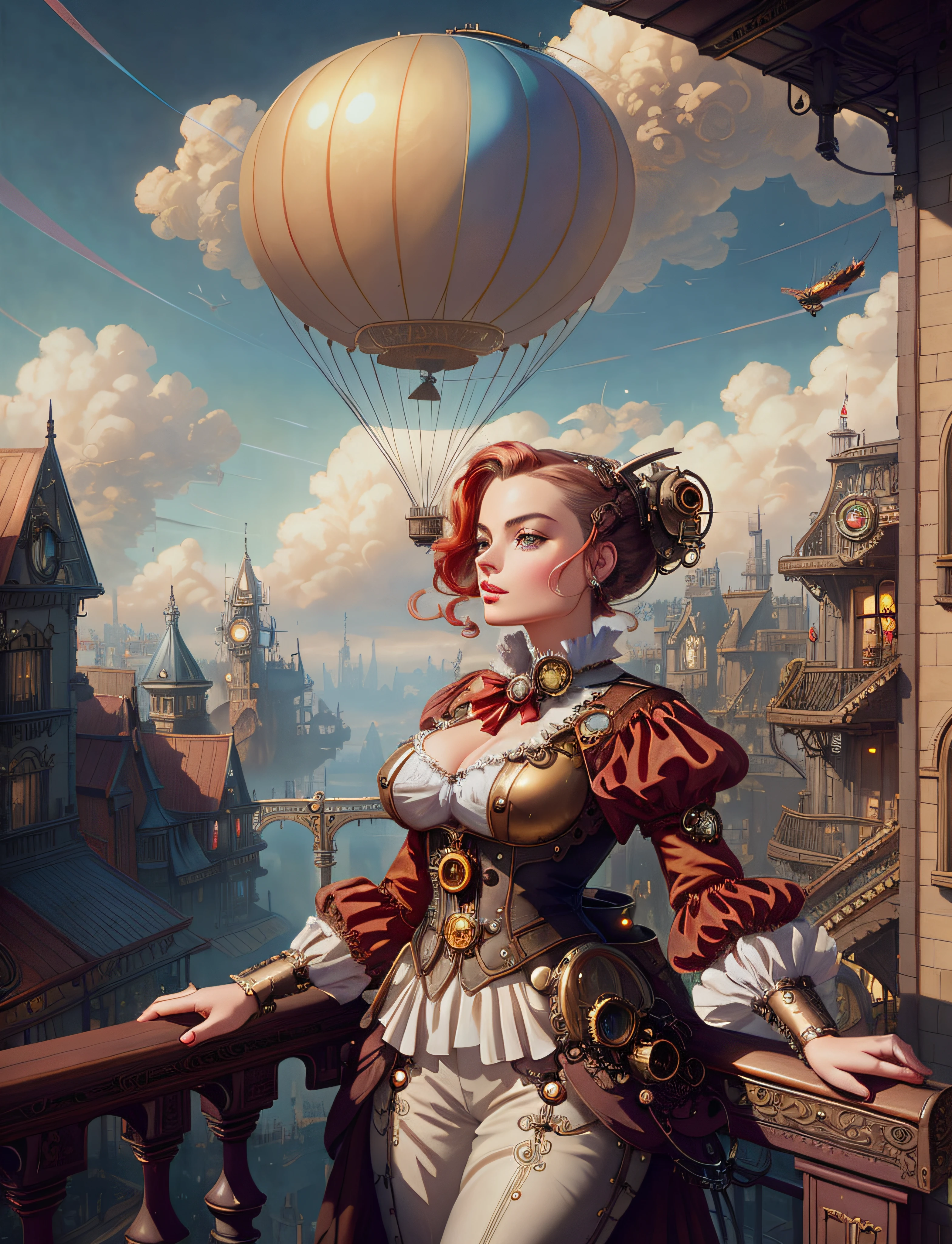 Eine Frau, Margot Robbie, in einem roten Kleid, steht auf einem Balkon mit einem Ballon., artgerm julie bell beeple, Fantasievolle viktorianische Kunst, steampunk fantasy style, mohrbacher, Kunst im Fantasy-Stil, detaillierte Steampunk-Illustration, viktorianische Steampunk-Stadtansicht, in einer dystopischen Steampunk-Stadt, im Steampunk-Stadtbild, Steampunk Schöne Anime Frau, Magie und Steampunk inspiriert