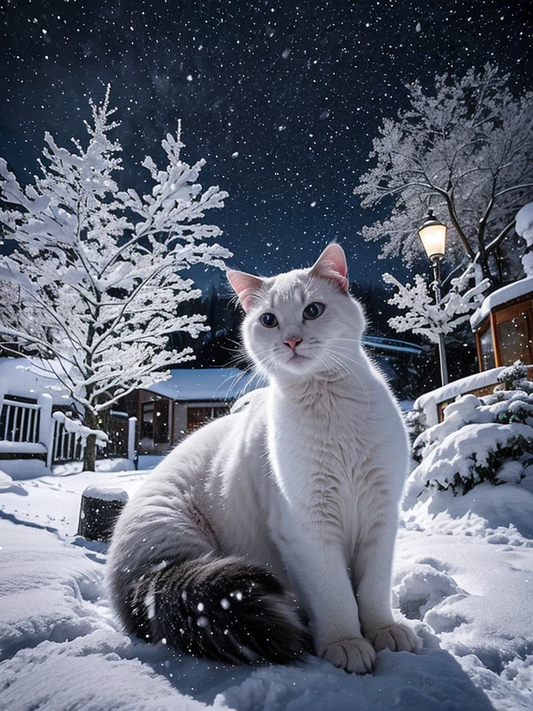 In a winter wonderland, a snowy night scene unfolds with strong snowfall. The main subjects of the image include a beautiful cat black.