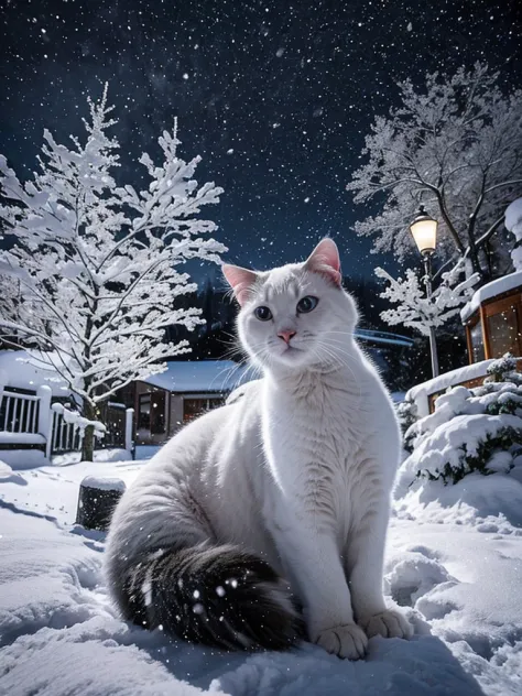 in a winter wonderland, a snowy night scene unfolds with strong snowfall. the main subjects of the image include a beautiful cat...