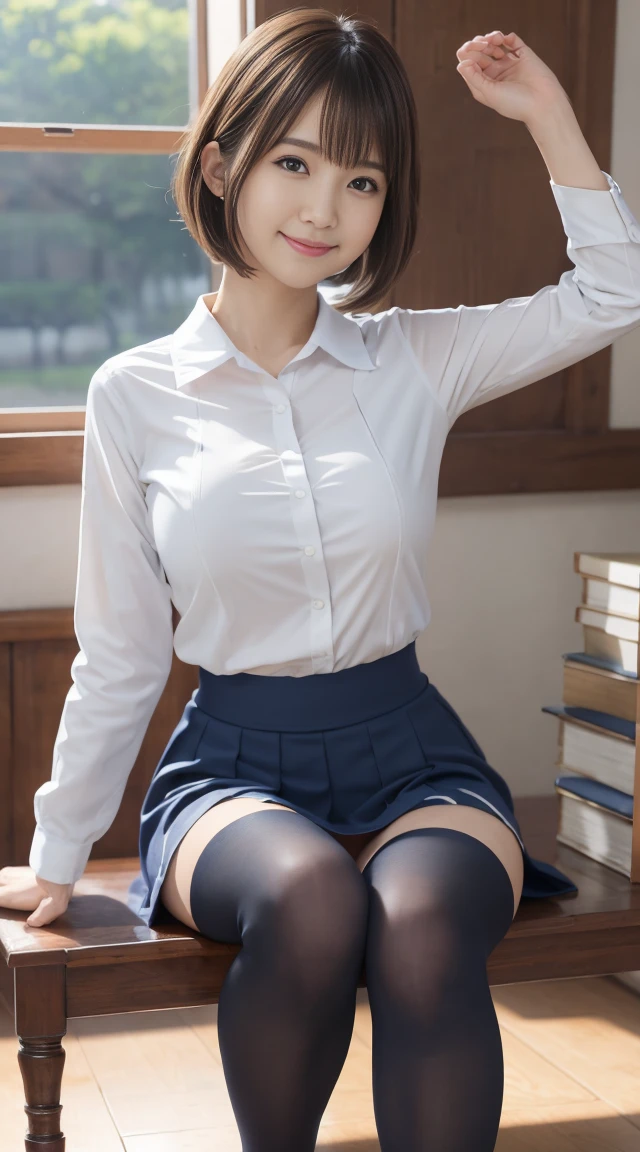 8K、Realistic、A detailed face、Detailed mouth、A detailed eye、wetted skin、Squat、raise arms、A smile、shot from front、big full breasted tights、Dark blue skirt、bob cuts、thighs thighs thighs thighs、18year old、Spread your legs and show your white panties、sitting on ground