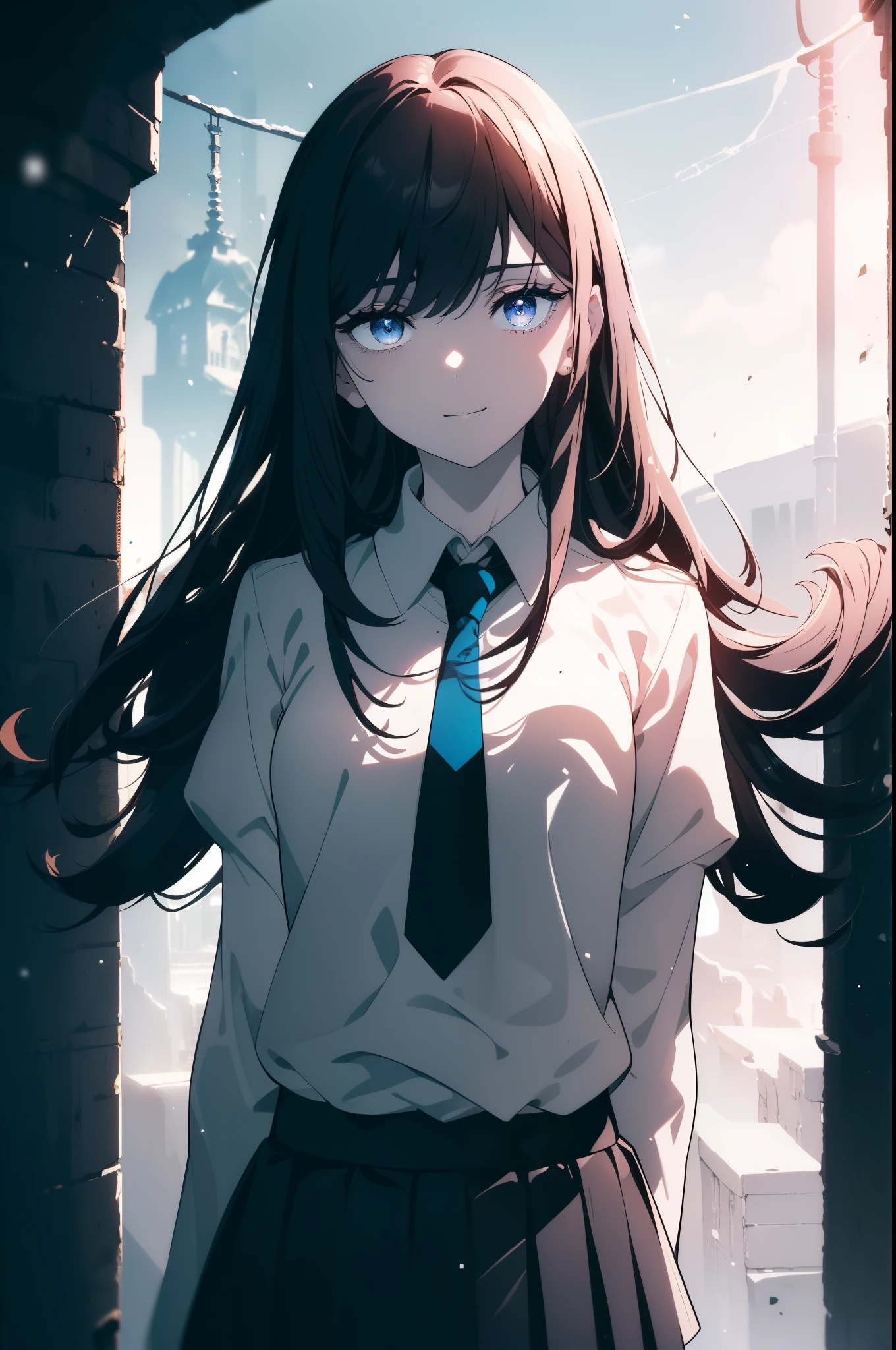 (Obra maestra, La mejor calidad, ultrahigh resolution), 1girl, standing, school uniform, white office shirt, black pleated skirt, ((light brown, light brown hair:0.7), long hair cut, pale skin, ((blue eyes)), glowing_eyes, neon eyes, (ultra detailed eyes, beautiful and detailed face, detailed eyes), ((centered)), smile, ((wide shot)), facing viewer, eye level, (blurry background, bright snowy background, winter), flat chested, looking at viewer, ((half closed eyes)), ((perfect hands)), (((head, arms, hips, elbows, in view))), ((hands behind back)), empty eyes, beautiful lighting, outside, outdoors, background, defined subject, 25 years old,