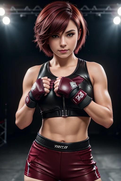 wmma, fingerless gloves, woman, short hair, burgundy hair, midriff, toned, stage lights, fence,  (sharp focus:1.2), portrait, ((posing)), (beautiful face:1.1), detailed eyes, luscious lips, ((skindentation)), (bright studio lighting:1.2), depth of field, bokeh, 4K, HD