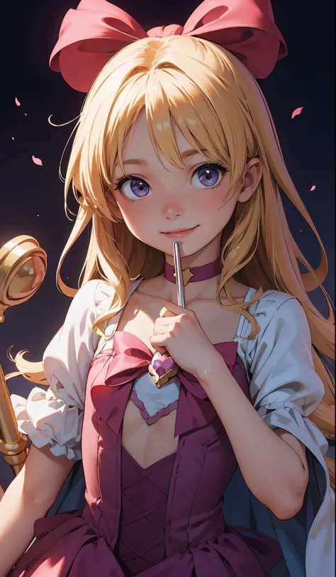 Perfect picture,,{magical girl girl}{in the sky}{Beautiful }{hedonism},{Holding a magic cane},8 years old girl,4K picture quality, Cinematic,,{Gamine},{small body and chest,,,,,,,,,} Longhaire,a blond,cute expression,face perfect,｛girl showing a smile｝