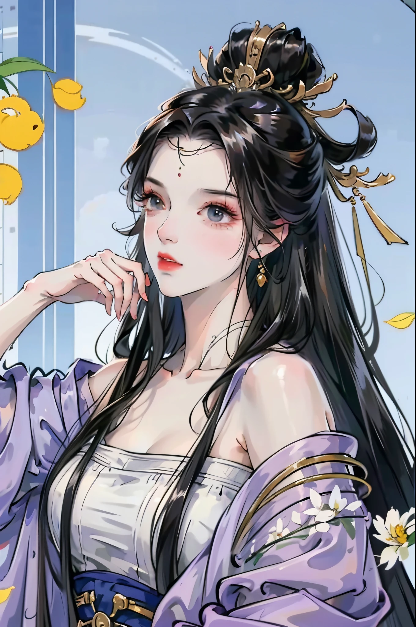 ((Best quality, Ultra-high resolution, ultra-clear)), (((1 girl))),(cabelos preto e longos), game fairy, lotus leaf fairy, Hanfu, yarn, flowing gauze, jewely, (focal), (((Colorful))), particle effect , tmasterpiece, Best quality, beautiful painted, meticulous, The  very detailed, (tmasterpiece, Best quality） CG unified 8K wallpaper，tmasterpiece，Best quality at best，ultra - detailed), Decisive cuts, ultra HD picture quality，Clear face，good looking hand