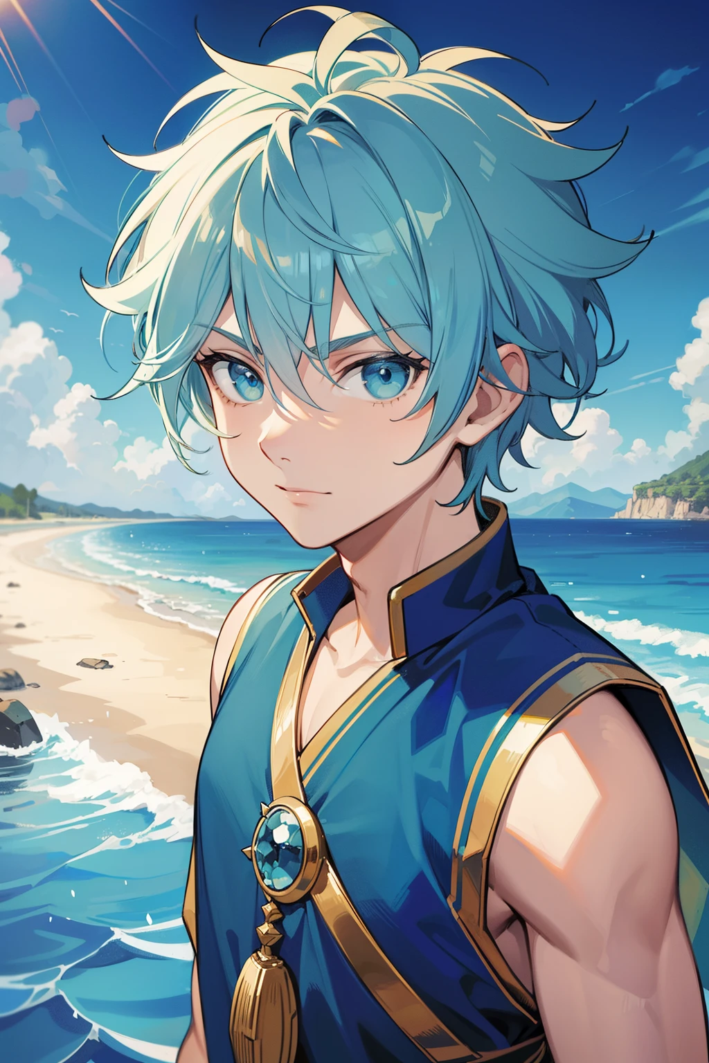 (high-quality, breathtaking),(expressive eyes, perfect face) 1boy, male, solo, young adult , light blue hair, green coloured eyes, stylised hair, gentle smile, medium length hair, loose hair, side bangs, curley hair, really spiky hair, spiked up hair, looking at viewer, portrait, ancient greek clothes, blue tunic, white Chlamys, sleeveless, greek, blue and gold sash, ocean background, laurel accessory, slightly narrow eyes, masculine face, masculine eyes