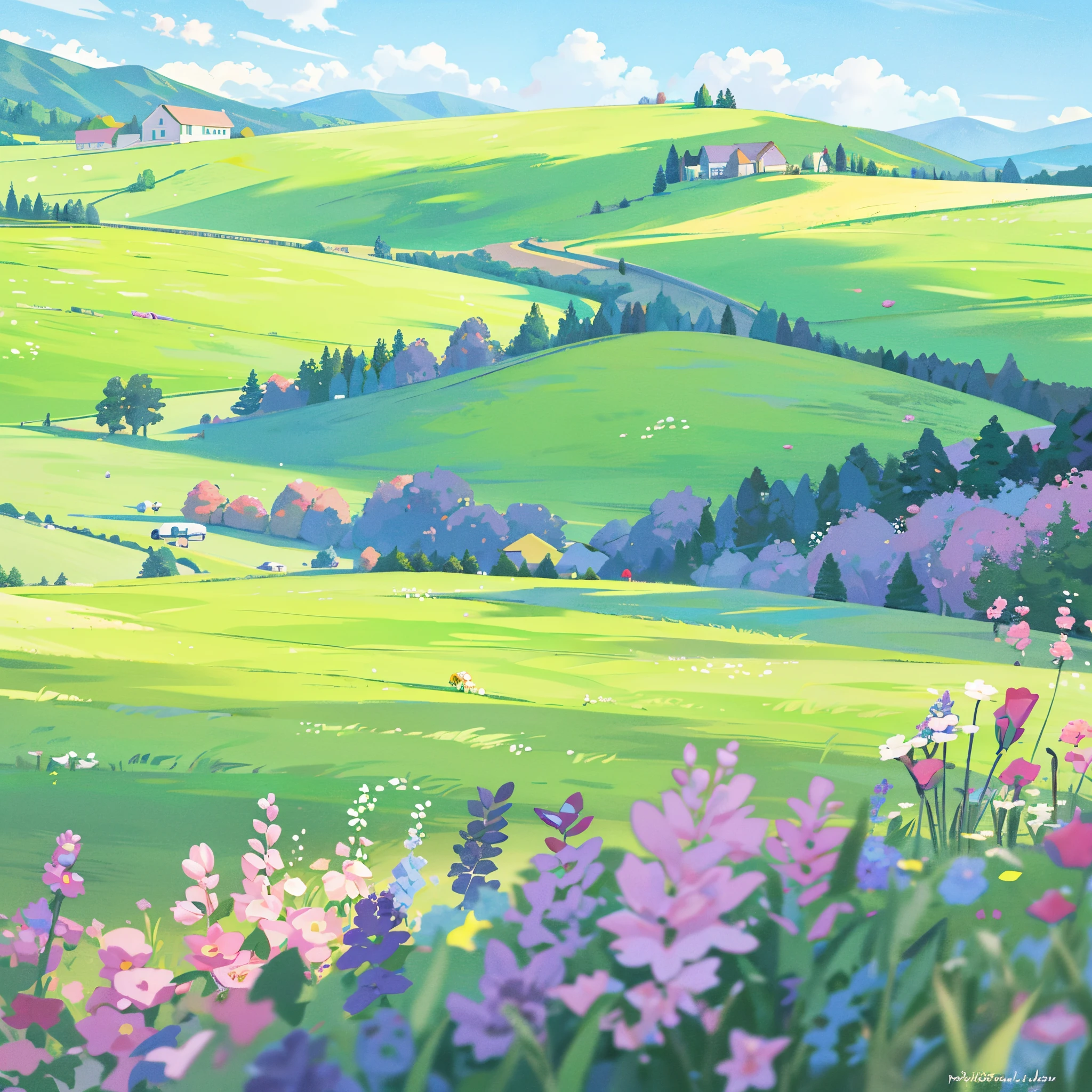 countryside, field, meadow, crop fields, multiple types of flowers and plants, ((farmhouse)), masterpiece, best quality, sharp focus, intricate details, perfection, golden ratio composition, 8k resolution, high resolution, beautiful, beautiful sky, vibrant pastel colors, bright colors