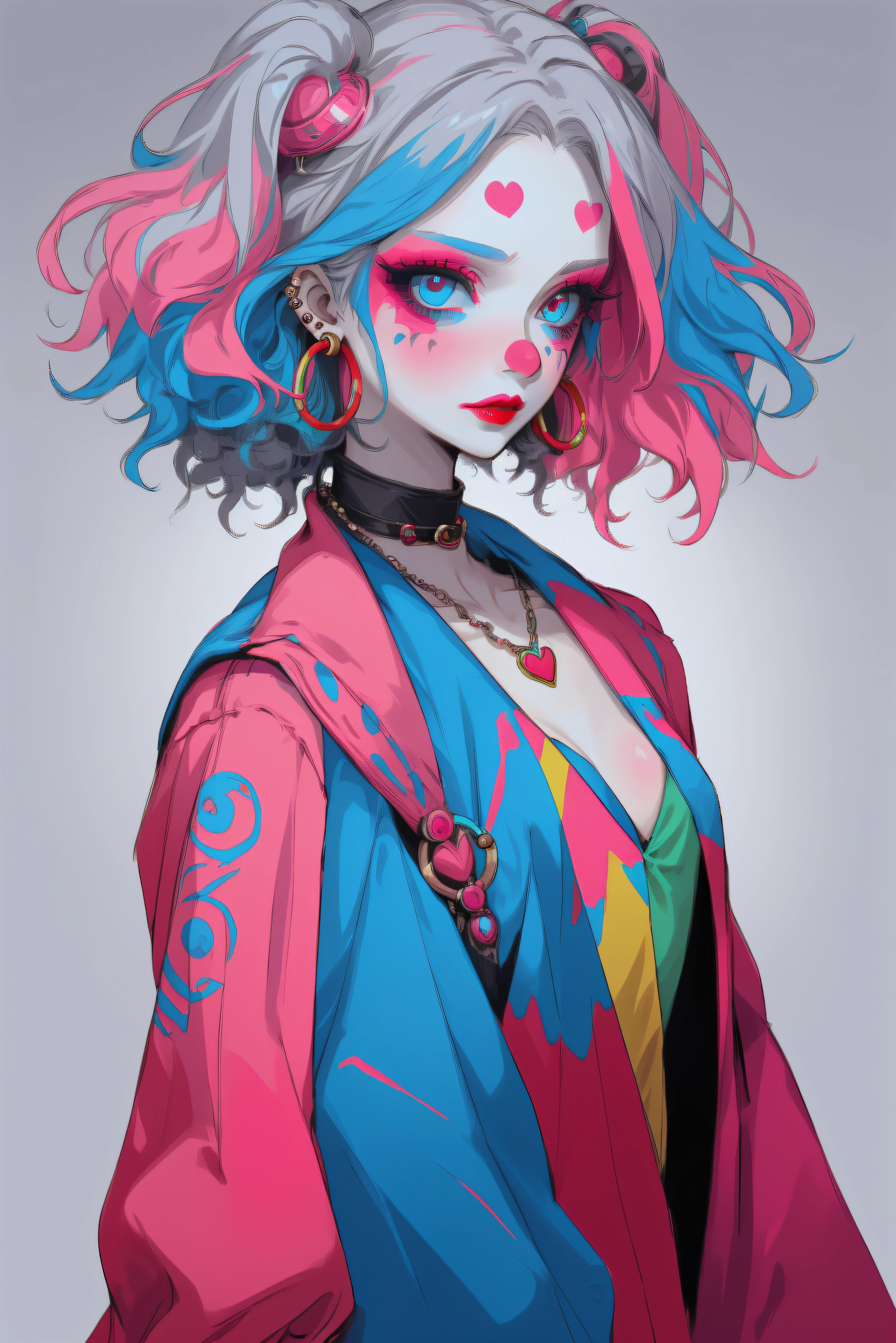 (Upper body standing painting), Rainbow style, (1 little girl), ((at the lowest limit, Tiny)), (Alone), Long gray hair, looking at viewert, jocker, Clown costume, Clown makeup, blue colored eyes, white backgrounid, jewely, jaket, with pink hair, Heart shape painted on face, ear nipple ring, a pink eyes, choker necklace, Sweaters, eyeslashes, cosmetics, curlies, Punching, lipsticks, Ear piercing, eye shadows, hoop earings, red pink lips, Multicolored eyes, Pink theme, Pink eyeshadow, Extremely detailed clown head art poster