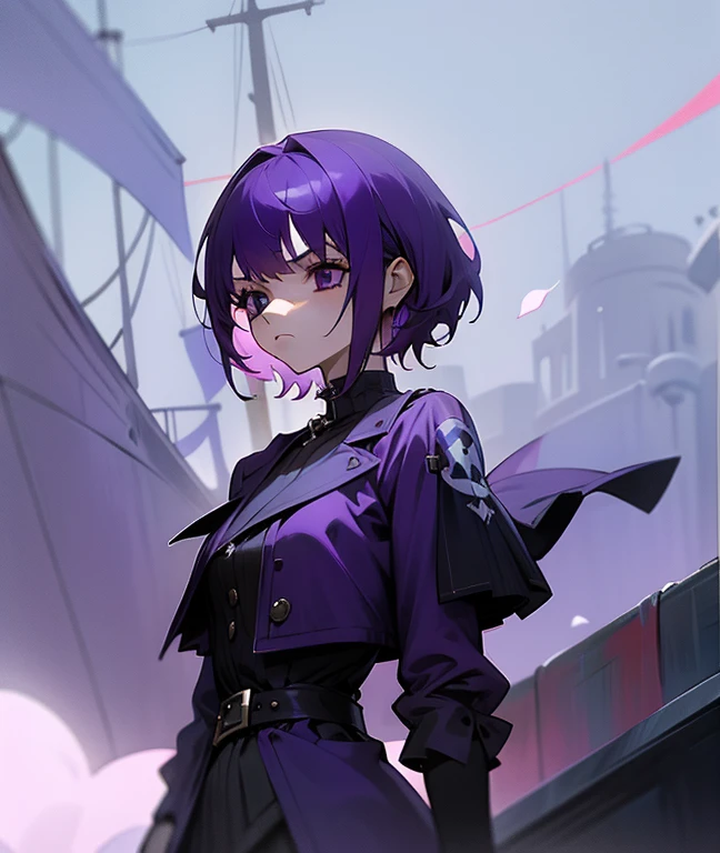 1girl, purple hair, short hair, bangs, eyes covered by hair, tired, sad, depressed, emotionless, cold, purple clothes, pale skin, pirate