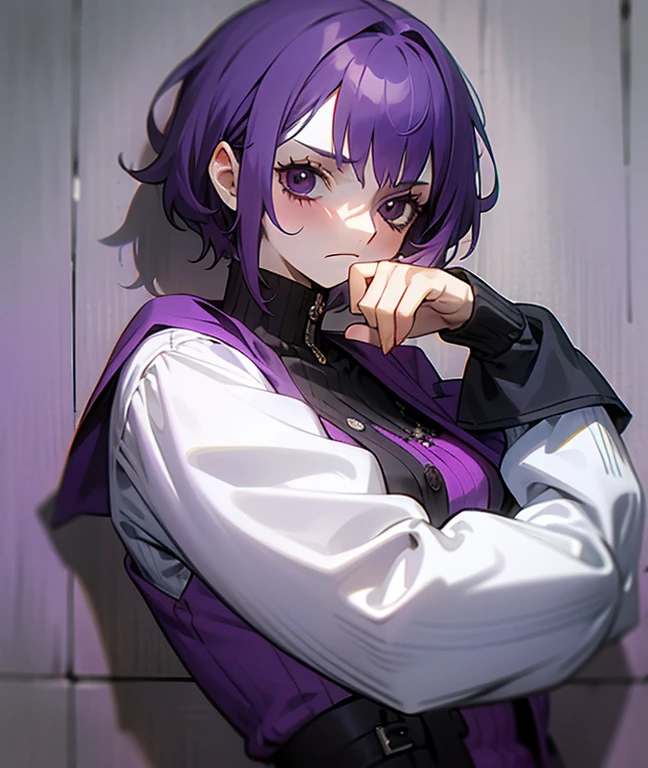 1girl, purple hair, short hair, bangs, eyes covered by hair, tired, sad, depressed, emotionless, cold, purple clothes, pale skin, pirate