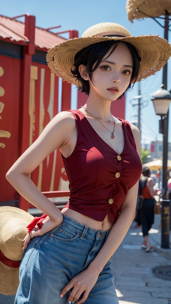 1girl, female luffy in anime one piece, short hair , black hair, black eyes, beautiful,straw hat , red clothes , city background, ultra detail, realistic