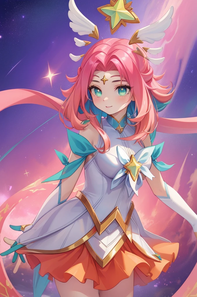 (obra maestra:1.4), (La mejor calidad en el mejor de los casos.:1.2), star guardian nicole, 1 个 Chica de pecho gigante, cabello colorido, una falda, guardián de las estrellas \(Liga de chicas de leyenda, coda, adornos para el cabello, sonríe, La parte superior del cuerpo