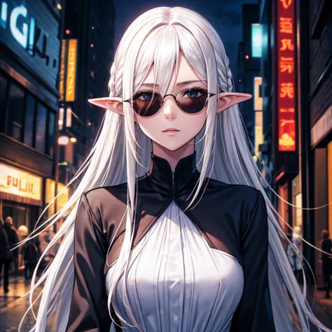 Ultra Quality, Shiny Skin, Atmospheric, 8K, Cinematic, ((Street background)), BREAK, ((Long White Hair)), narrowed black eyes, l...