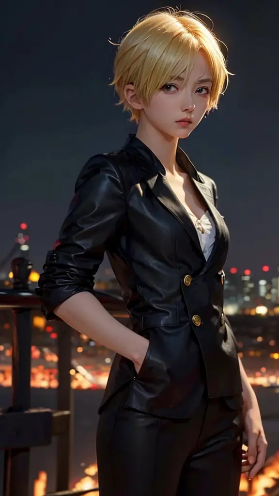 1girl, female sanji in anime one piece, short hair , blonde hair,  black eyes, beautiful, black suit, city background, ultra det...