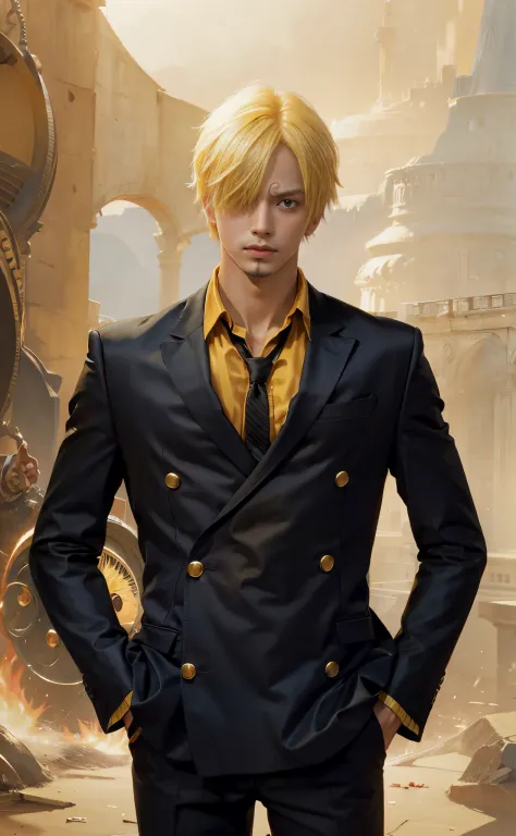 1man, sanji in anime one piece, short hair , yellow hair, black eyes, handsome, black clothes, realistic clothes, detail clothes...