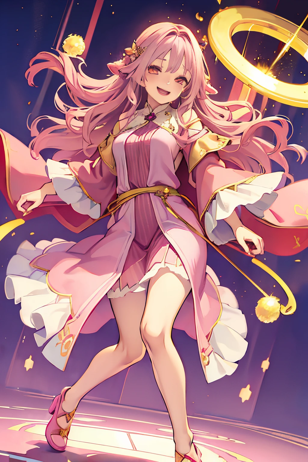 Cute older sister， Golden eyes, Glowing eyes，long pink wavy hair，Happy smiling face，full body，Pink pajamas,Wearing a light pink magic robe,Loose fluffy,succubus