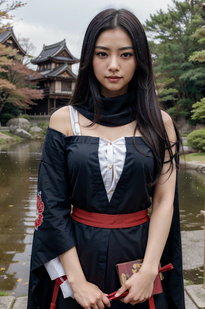 japanese anime, 1woman, japanese, solo, upper body, looking at viewer from front, long hair, dark blue hair, dark brown eyes, eye makeup, black eyeliner, smiling, friendly, soft natural lipstick, big red scarf on the neck, similar to an Onna-bugeisha, dressed in female samurai uniform, armor with gold details, background with feudal Japanese castle, cherry forest, river and flags