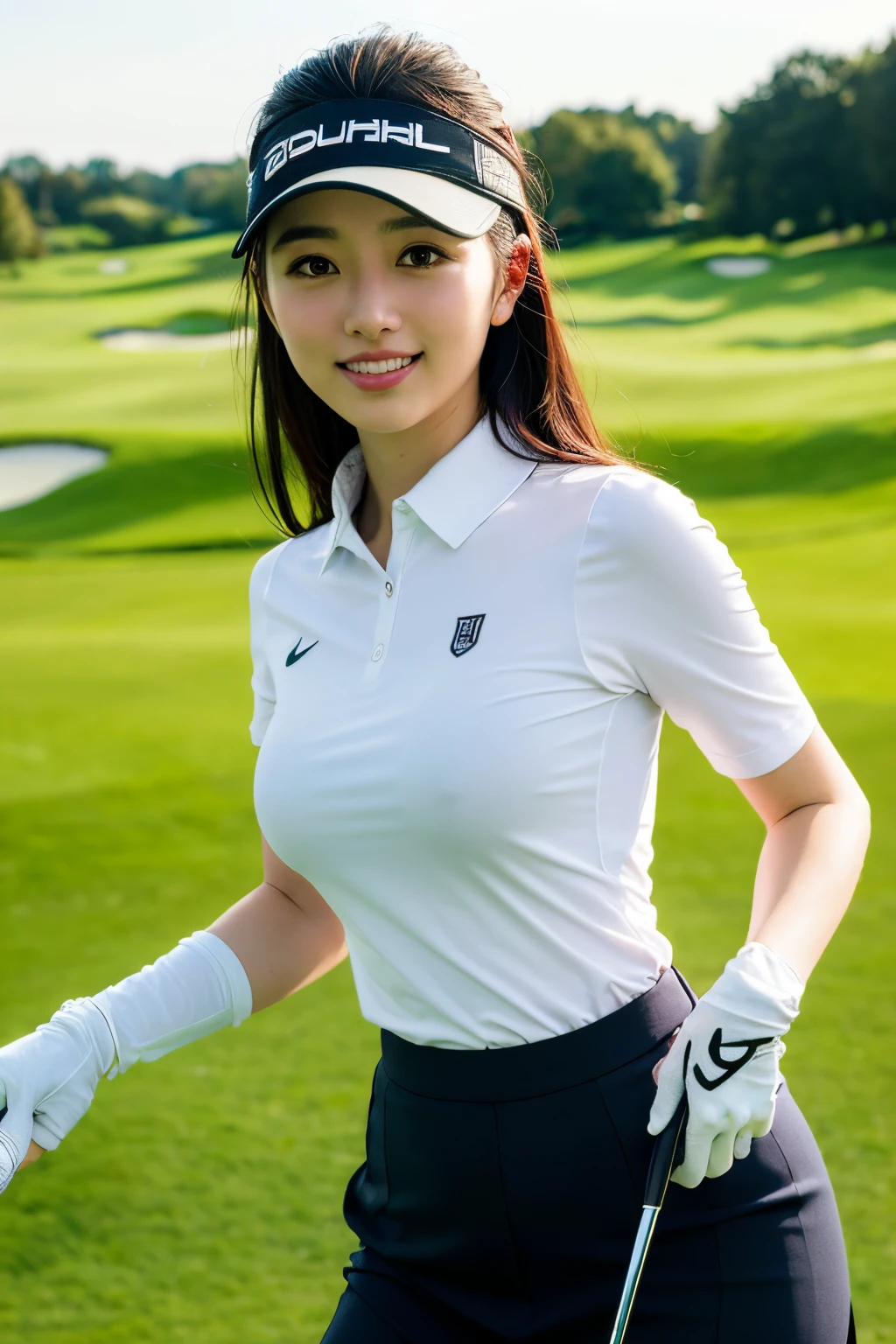 Highly detailed, 8k wallpaper, highest quality, super detailed, masterpiece, real, photo real, highly detailed beautiful girl, 2, (golf wear), (golf skirt), (wearing golf gloves), smile, Round eyes, normal chest, looking at camera, half body shot, golf course, sun visor, waist shot, golf clubhouse background,