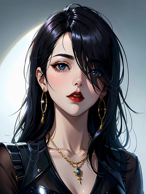 1girl in, 独奏, Jewelry, black hair, necklace, red-lips, Long hair, covered eyes, lipstick, makeup, upper-body, closed mouth, blac...
