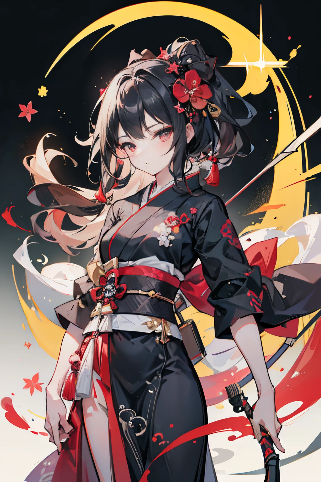 {{Flat_Style}},{_color star piece}}},{katsushika_Hokusai},long_hair,hair_flower,{{Black_hair}},Red_most profound_quality}}},Kimono,{{Ultra-detailed}},{{1girl in}},{{{Solo}}},There was a girl with a bow and arrow in her hand., archer girl, With a bow and arrow, holding bow and arrow, she is pointing a bow, Robin hood, drawing an arrow from his quiver, holding bow and arrow, Game Illustration, archer bow, holding a longbow, a beautiful artwork illustration, hold mechanical bow and arrow, bow and arrow