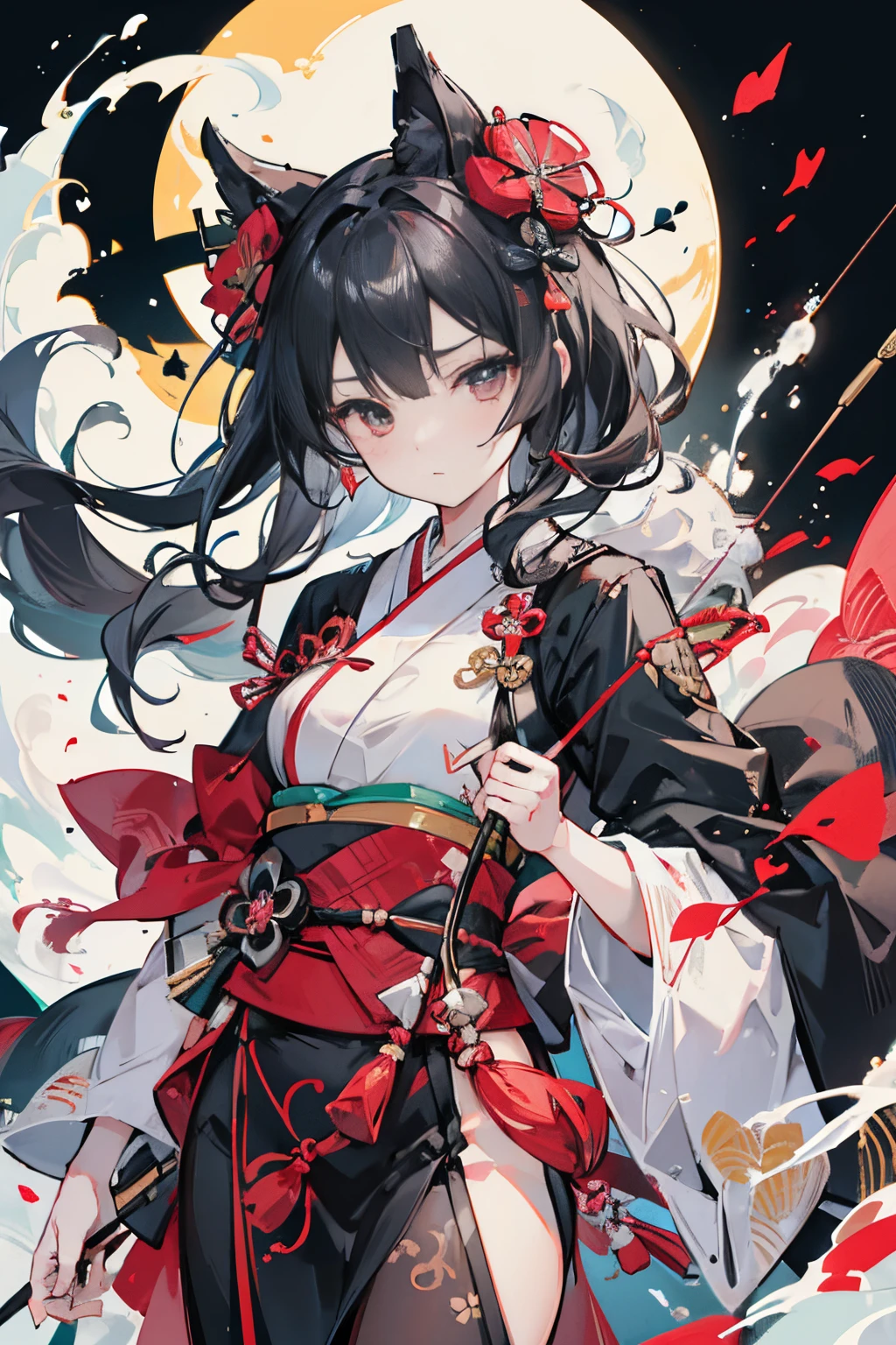 {{Flat_Style}},{_color star piece}}},{katsushika_Hokusai},long_hair,hair_flower,{{Black_hair}},Red_most profound_quality}}},Kimono,{{Ultra-detailed}},{{1girl in}},{{{Solo}}},There was a girl with a bow and arrow in her hand., archer girl, With a bow and arrow, holding bow and arrow, she is pointing a bow, Robin hood, drawing an arrow from his quiver, holding bow and arrow, Game Illustration, archer bow, holding a longbow, a beautiful artwork illustration, hold mechanical bow and arrow, bow and arrow