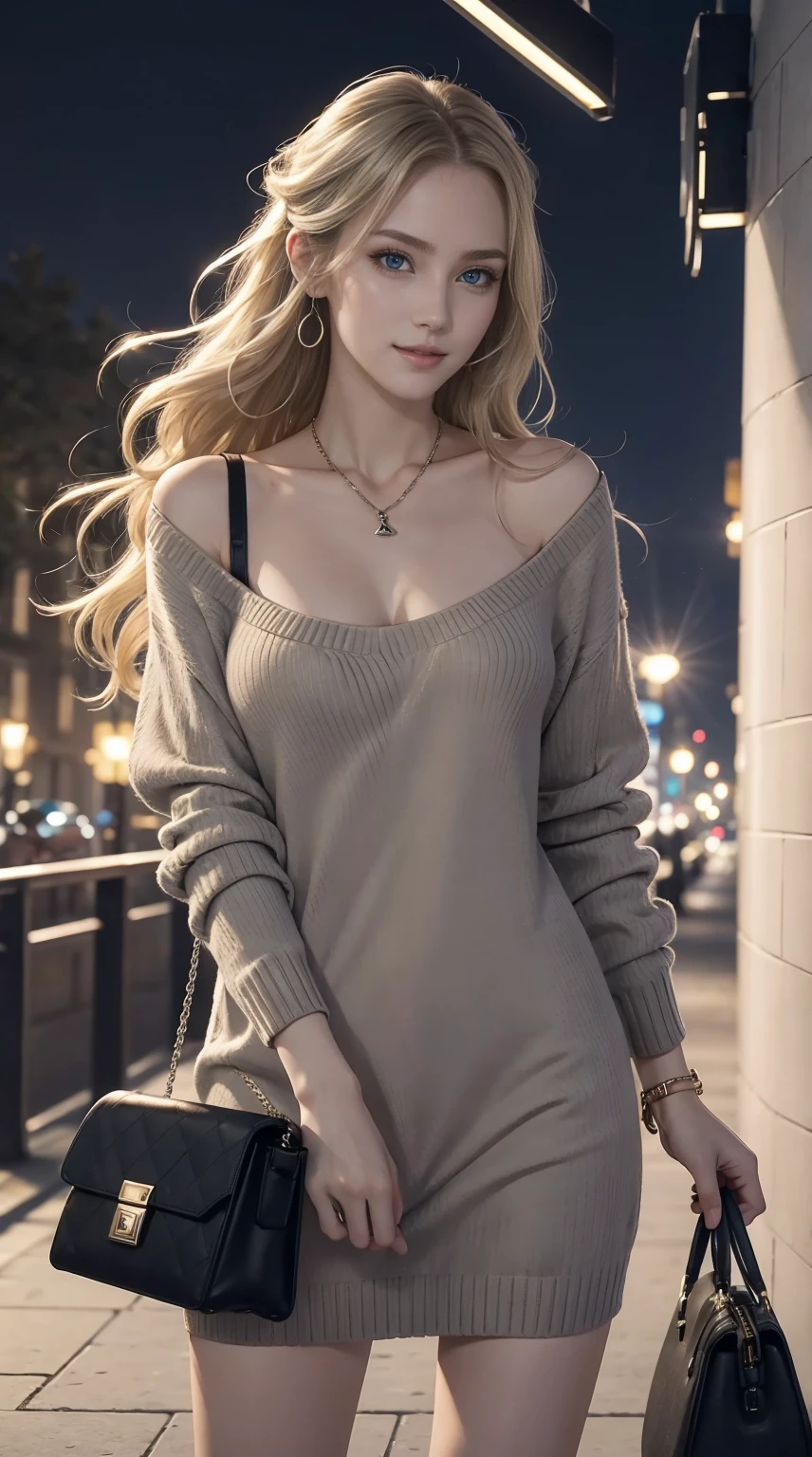 25-year-old Caucasian woman、ash blonde、blue eyess、Semi-long、setting hair、Hair is up、My hair is wavy、Slender but thin macho、accessories on the wrist、wearing a chain necklace、Beautiful breasts、a smile、Wearing a sweater dress、Holding a handbag in his hand、I am in a landscape where I can see the street lights at night.、I need space above my head