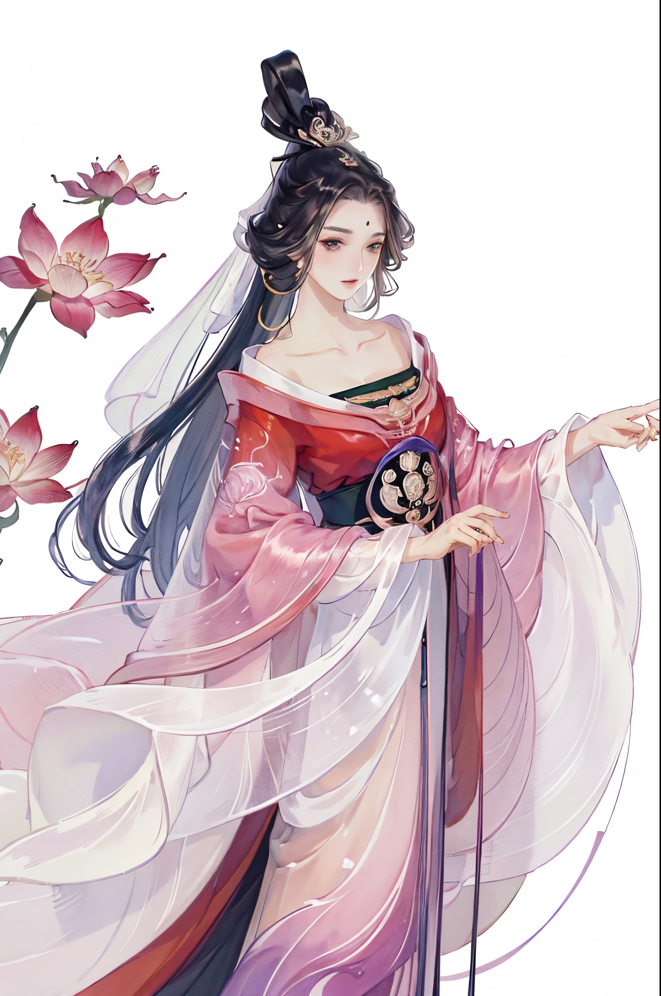 (((tmasterpiece, Best quality, Ultra-high resolution, CG unified 8K wallpaper, Best quality at best, ultra - detailed, ultra HD picture quality))), 1 girl, cabelos preto e longos, game fairy, Lotus lotus leaf decoration, Redcoat, Hanfu, yarn, flowing gauze, jewely, ((Colorful)), Nice face, beautidful eyes, Beautiful hairstyle, Beautiful costumes, Structurally sound
