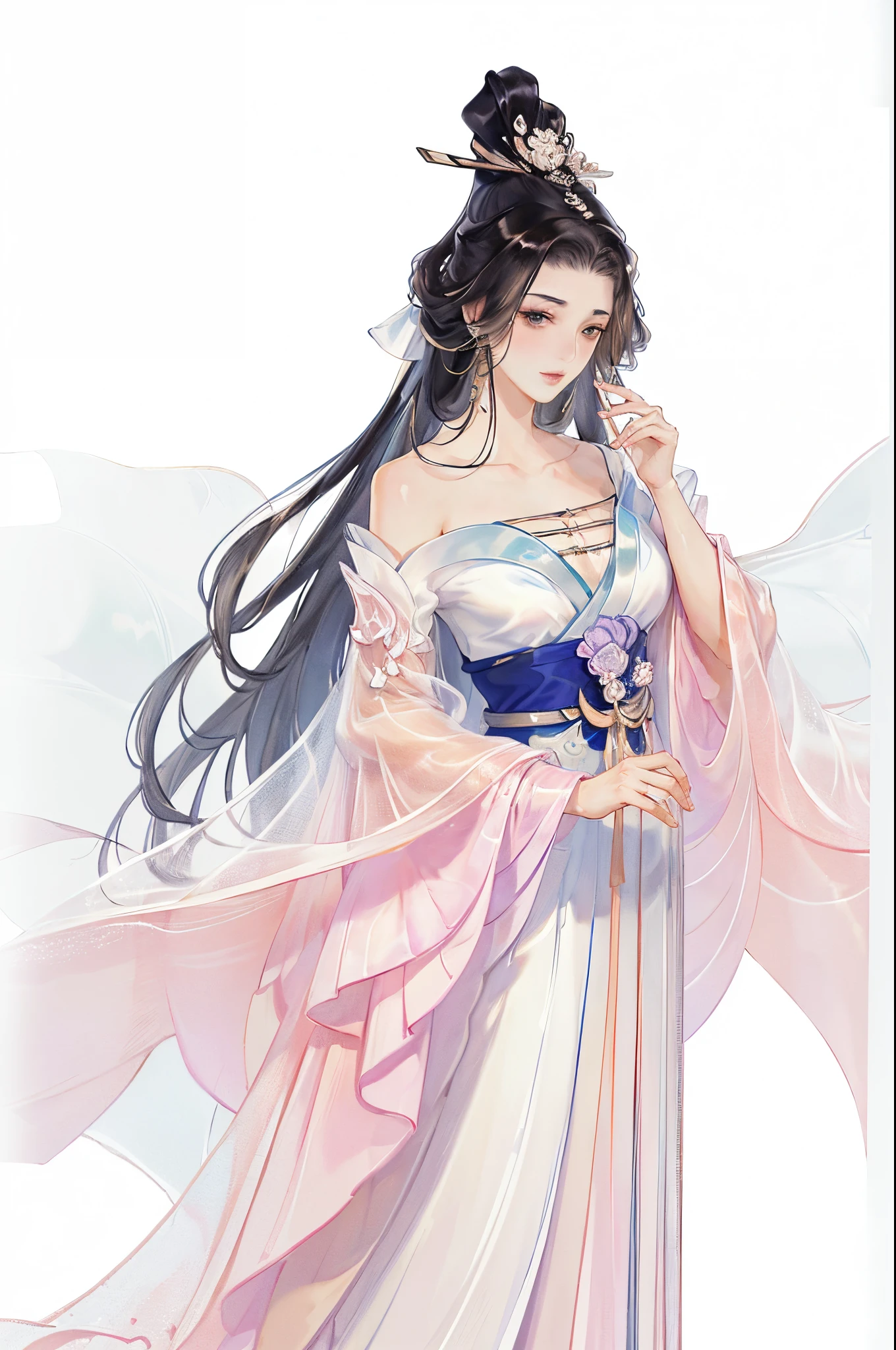 (((tmasterpiece, Best quality, 超高分辨率, CG unified 8K wallpaper, Best quality at best, ultra - detailed, ultra HD picture quality))), 1 girl, cabelos preto e longos, game fairy, peach blossom decoration, Hanfu, yarn, flowing gauze, jewely, ((Colorful)), Nice face, beautidful eyes, Beautiful hairstyle, Beautiful costumes, Structurally sound