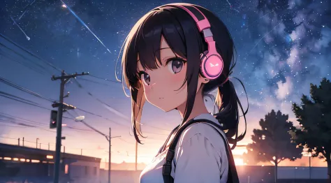 A dreamy night scene with a cute girl wearing headphones, lost in the music as she gazes at the stars above.
