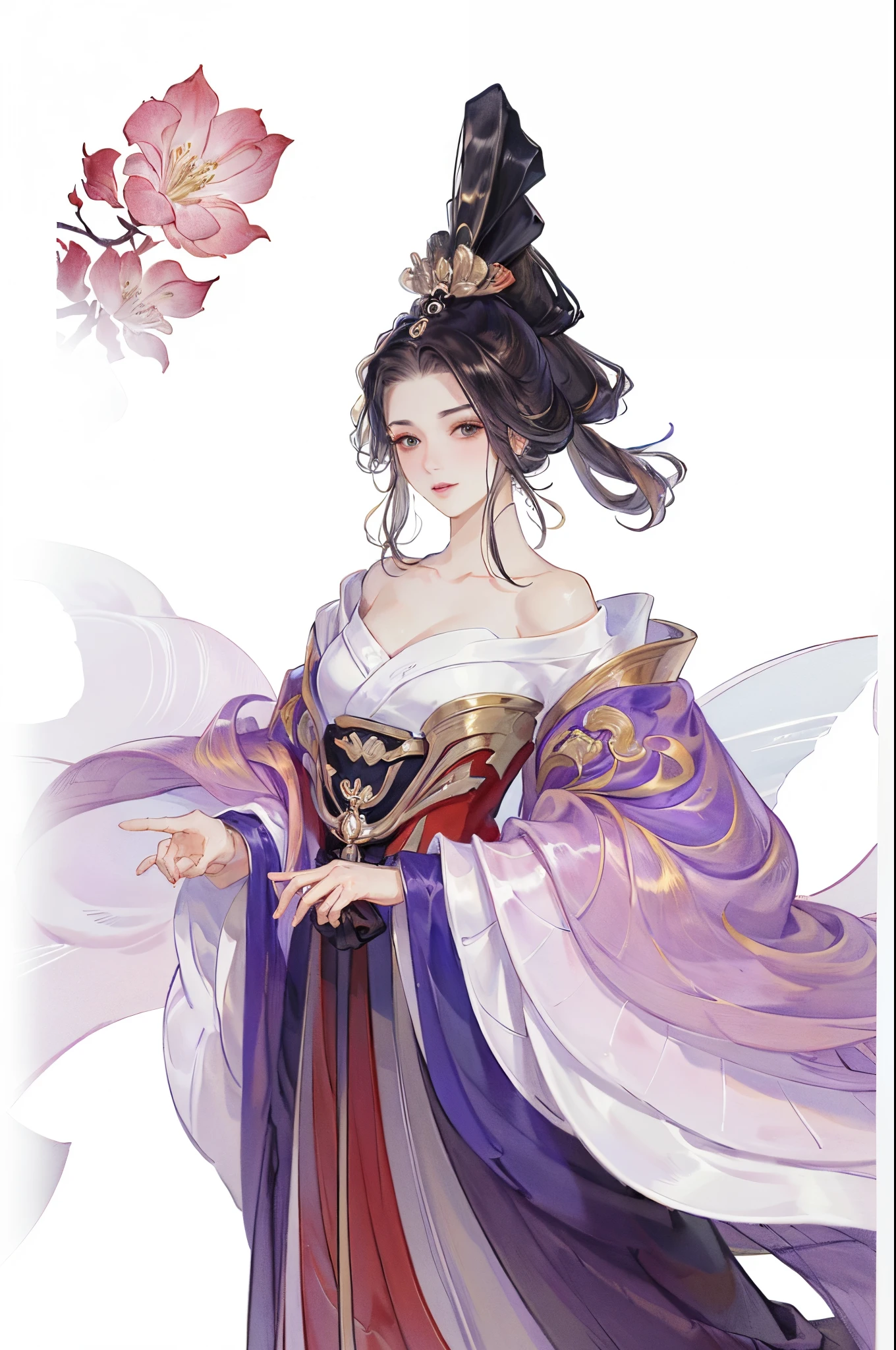 (((tmasterpiece, Best quality, 超高分辨率, CG unified 8K wallpaper, Best quality at best, ultra - detailed, ultra HD picture quality))), 1 girl, cabelos preto e longos, game fairy, decor, Red and black clothes, Hanfu, yarn, flowing gauze, jewely, ((Colorful)), Nice face, beautidful eyes, Beautiful hairstyle, Beautiful costumes, Structurally sound