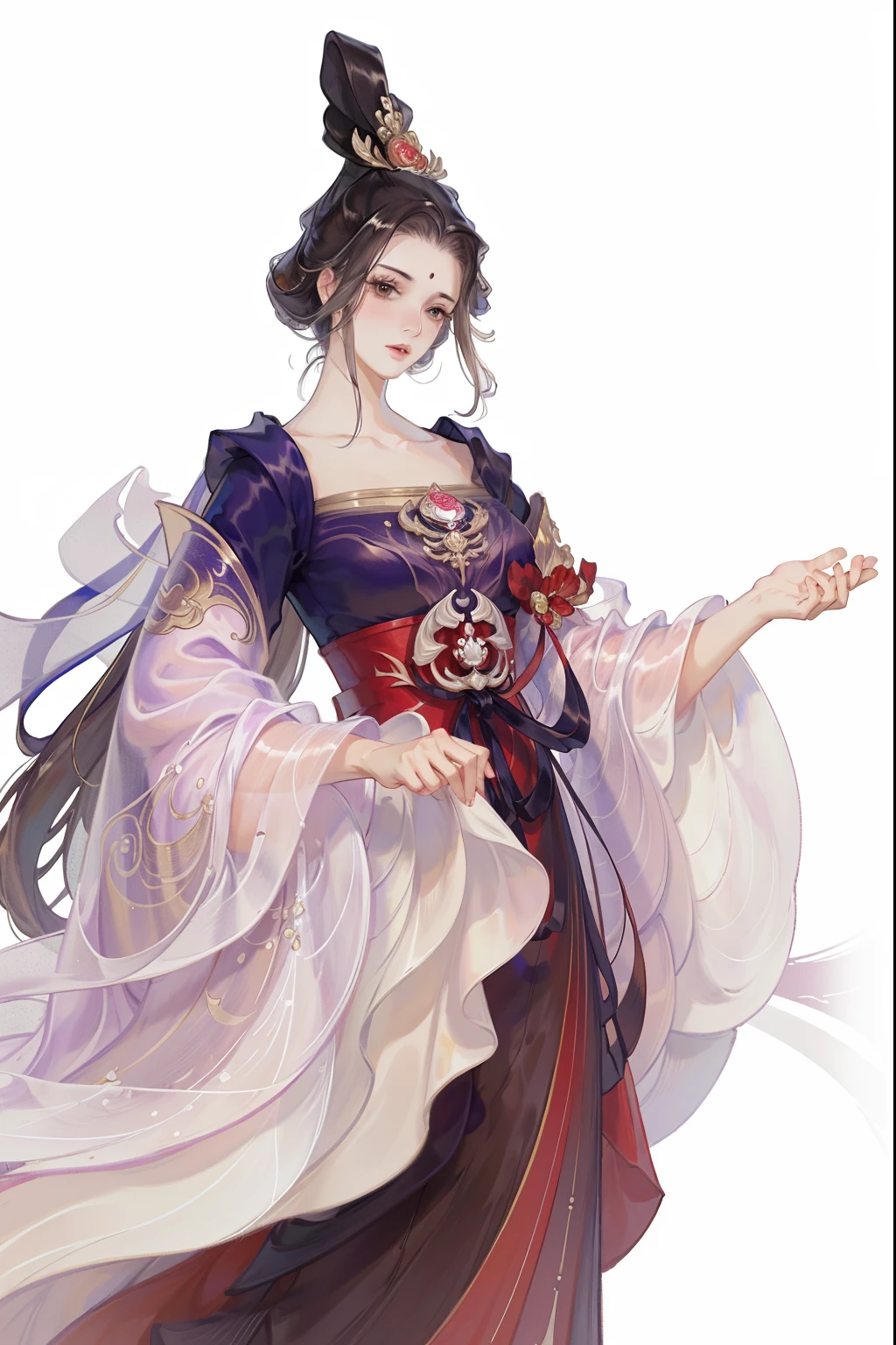 (((tmasterpiece, Best quality at best, Ultra-high resolution, CG unified 8K wallpaper, Best quality, ultra - detailed, ultra HD picture quality))), 1 girl, cabelos preto e longos, game fairy, Red and black clothes, Hanfu, yarn, flowing gauze, jewely, ((Colorful)), Nice face, beautidful eyes, Beautiful hairstyle, Beautiful costumes, Structurally sound