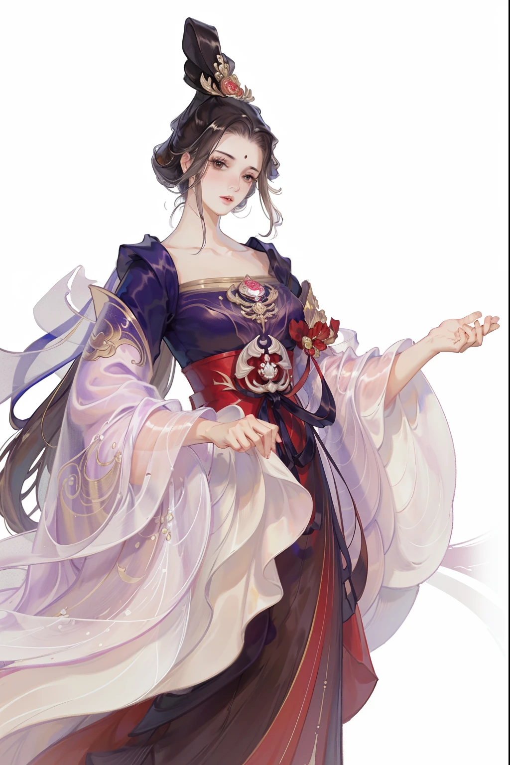 (((tmasterpiece, Best quality at best, 超高分辨率, CG unified 8K wallpaper, Best quality, ultra - detailed, ultra HD picture quality))), 1 girl, cabelos preto e longos, game fairy, Red and black clothes, Hanfu, yarn, flowing gauze, jewely, ((Colorful)), Nice face, beautidful eyes, Beautiful hairstyle, Beautiful costumes, Structurally sound