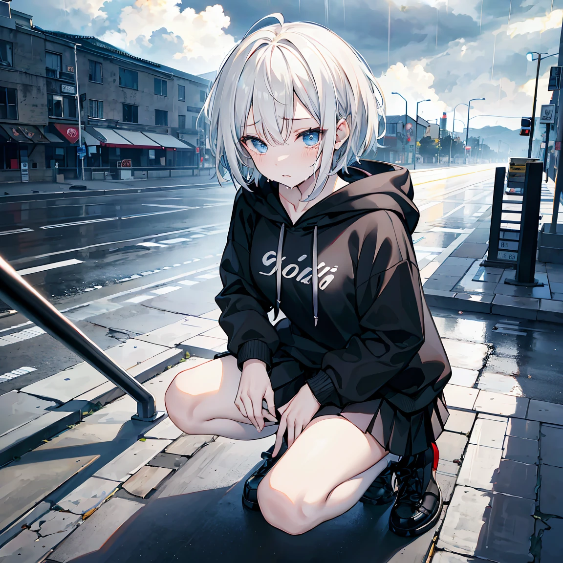 solo  girl,,black pleated skirt,hoodie,short_hair， white hair,ahoge,
，touching   eyes，Street，crying，
raining，cloud，the  sky    dark，
,kneel，from  above，masturbation，masterpiece，best_quality