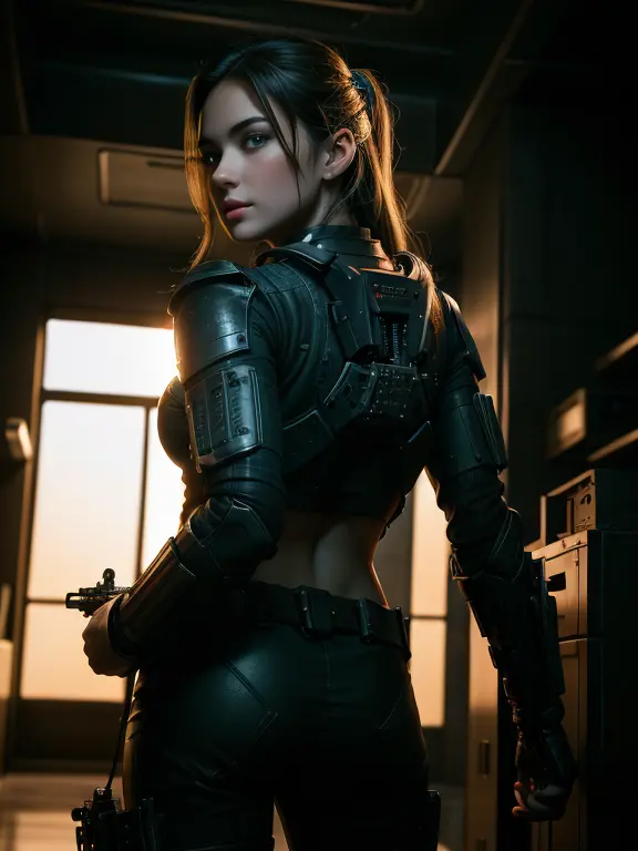 Best quality, super high resolution, beautiful girl as a doomsday killer, (holding very detailed futuristic technology firearms)...