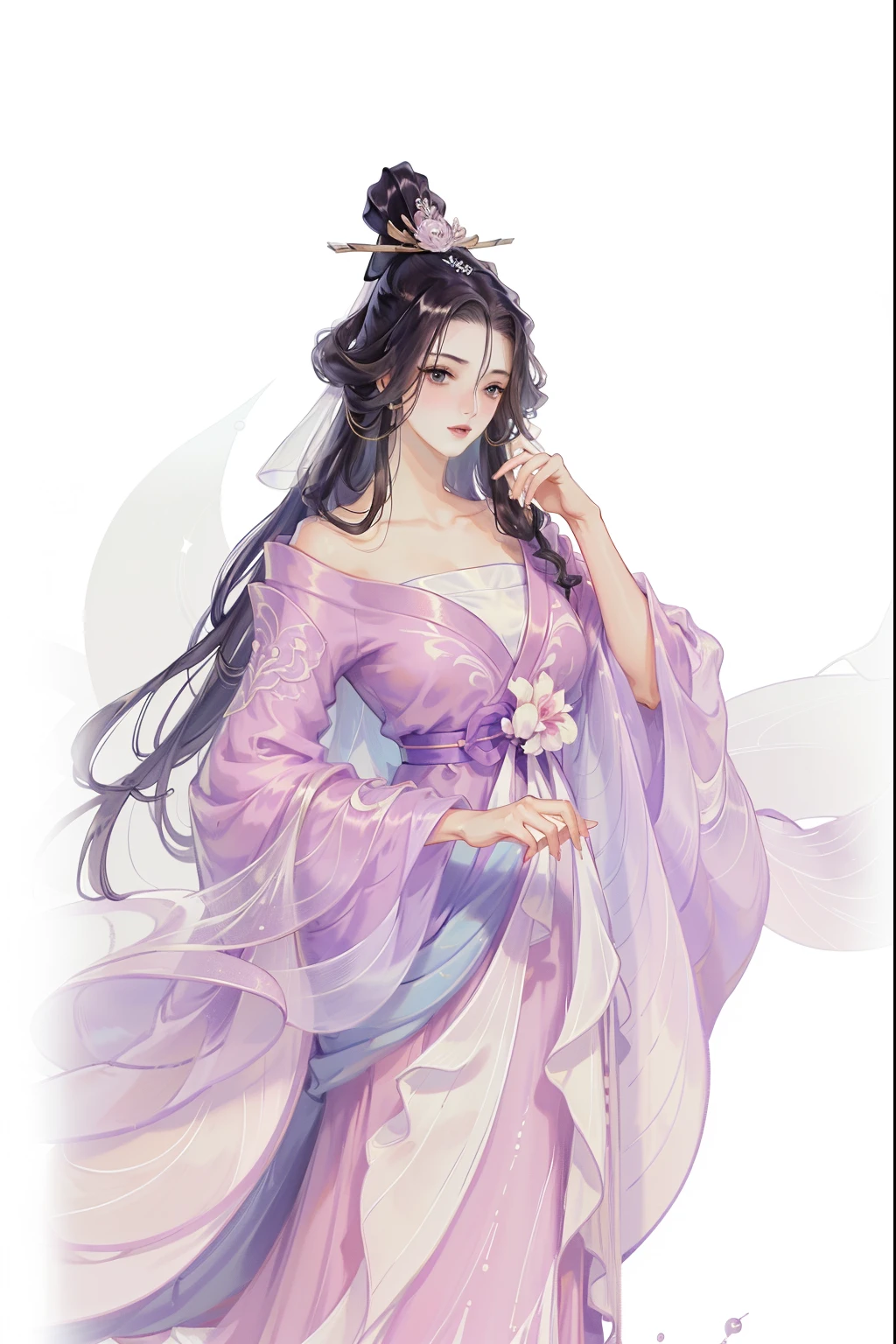 (((tmasterpiece, Best quality at best, Ultra-high resolution, CG unified 8K wallpaper, Best quality, ultra - detailed, ultra HD picture quality))), 1 girl, cabelos preto e longos, game fairy, Pink clothes, Hanfu, yarn, flowing gauze, jewely, ((Colorful)), Nice face, beautidful eyes, Beautiful hairstyle, Beautiful costumes, Structurally sound