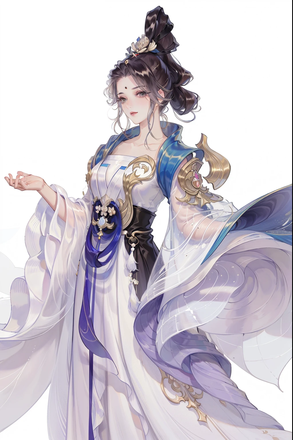 (((tmasterpiece, Best quality at best, 超高分辨率, CG unified 8K wallpaper, Best quality, ultra - detailed, ultra HD picture quality))), 1 girl, cabelos preto e longos, game fairy, Black clothes, Hanfu, yarn, flowing gauze, jewely, ((Colorful)), Nice face, beautidful eyes, Beautiful hairstyle, Beautiful costumes, Structurally sound