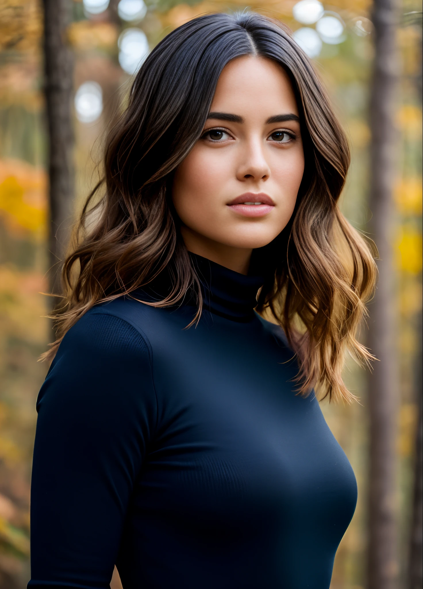 una mujer vestida de negro con cuello alto de tortuga parada en un bosque, portrait of a Hermosa modelo, hermosa joven modelo, hermosa modelo femenina, retrato sophie mudd, Hermosa modelo, pelo de longitud media, foto de una mujer hermosa, olivia culpo, cabello ondulado hasta los hombros, imágenes de retrato lateral, Cloé Bennet, Retrato de 50 mm, hermosa mujer joven