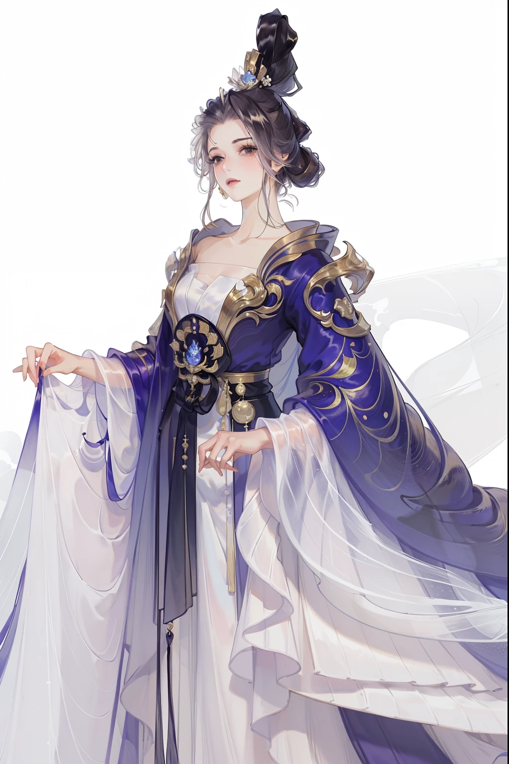 (((tmasterpiece, Best quality at best, 超高分辨率, CG unified 8K wallpaper, Best quality, ultra - detailed, ultra HD picture quality))), 1 girl, cabelos preto e longos, game fairy, Black clothes, Hanfu, yarn, flowing gauze, jewely, Nice face, beautidful eyes, Beautiful hairstyle, Beautiful costumes, Structurally sound