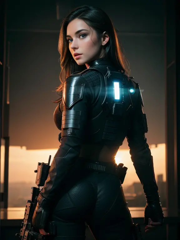 Best quality, super high resolution, beautiful girl as a SWAT doomsday killer, (holding very detailed futuristic technology fire...