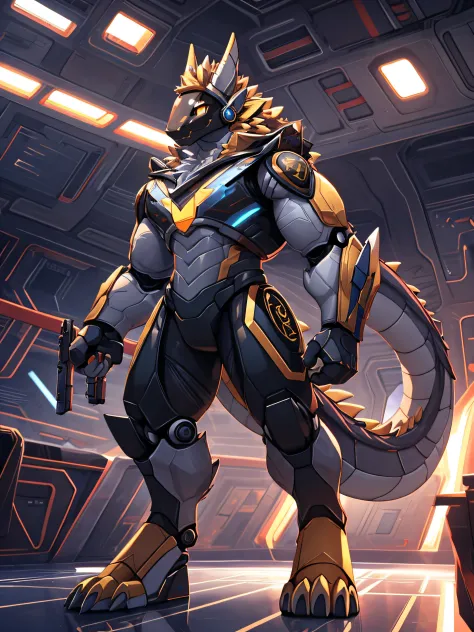 furry,bara,a dragon,golden eyes,muscular,Wear a robot island suit..,Both hands hold guns..,Standing in a broken spaceship,Turn to look at the listener,Maximum image resolution,HDR lights,10