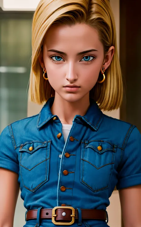 (masterpiece, best quality), realistic version of android18, earrings, denim, belt upper body, focus face, perfect face, emily r...