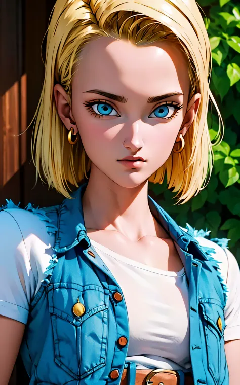 (masterpiece, best quality), realistic version of android18, earrings, denim, belt upper body, focus face, perfect face, emily r...