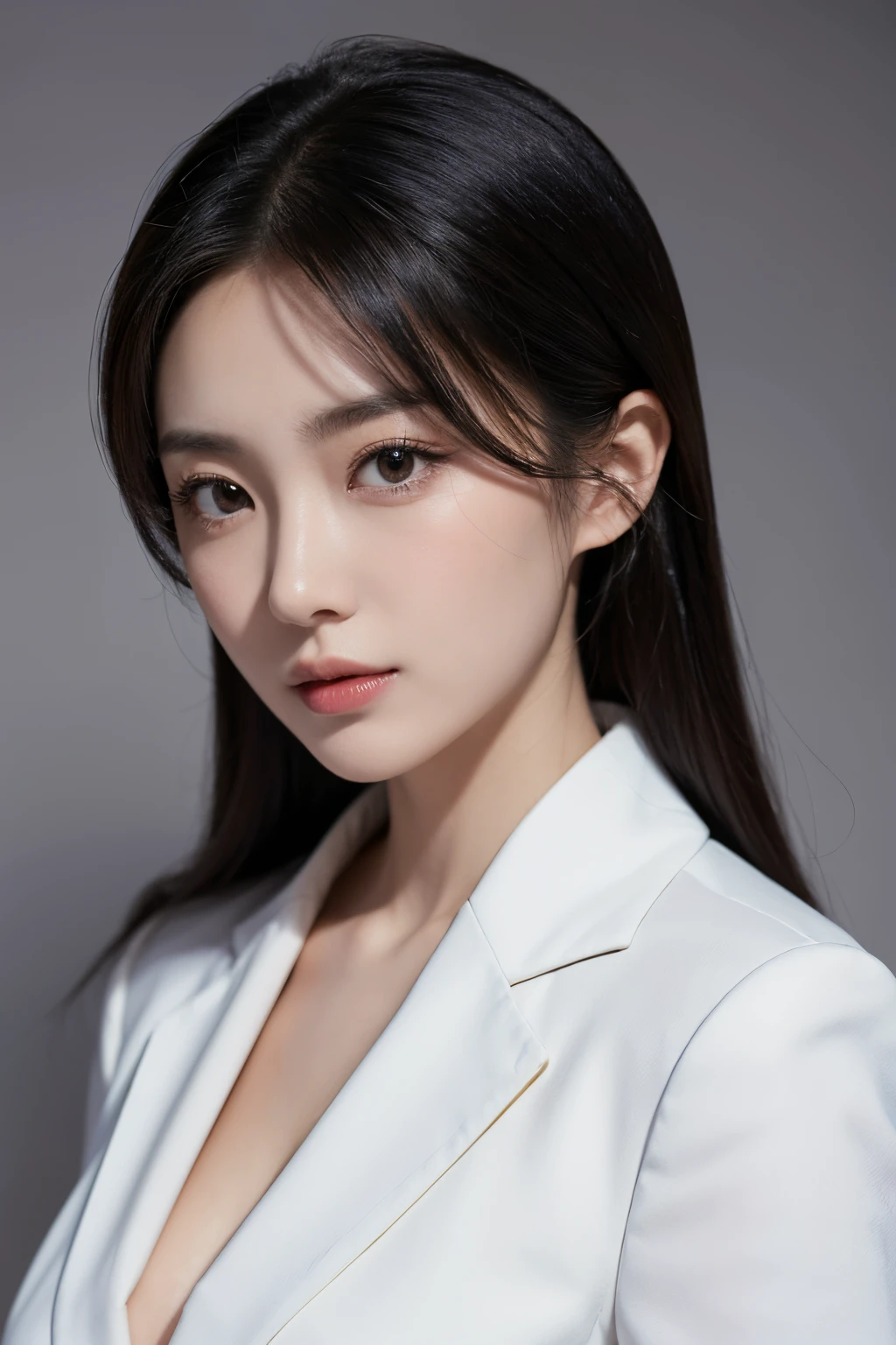 A professional headshot of a Chinese woman in a business suit. She has a confident and approachable expression. The suit  a dark color, perhaps navy or black, and she  wearing a crisp white shirt underneath. Her hair  styled neatly. The background  grey, not distracting from the subject. The lighting  soft and flattering, highlighting her features without creating harsh shadows. The photo  taken with a high-resolution camera, ensuring every detail  captured clearly. The composition  centered, with the woman’s face in the middle of the frame. The photo should be hyper-realistic, highly detailed, and high-resolution 16k.