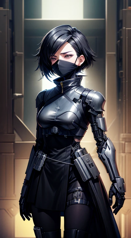 Anime,female, Blindfold,holster, black gloves, utility belt, black cape, black PONYTAILhair,exo suit,one mechanical arm ,black skirt, mechanical parts,special operator,black military tactical armor,cloaks,,latex suit with robotic limbs, in a cyberpunk setting, cyborg, implants, high details,8k