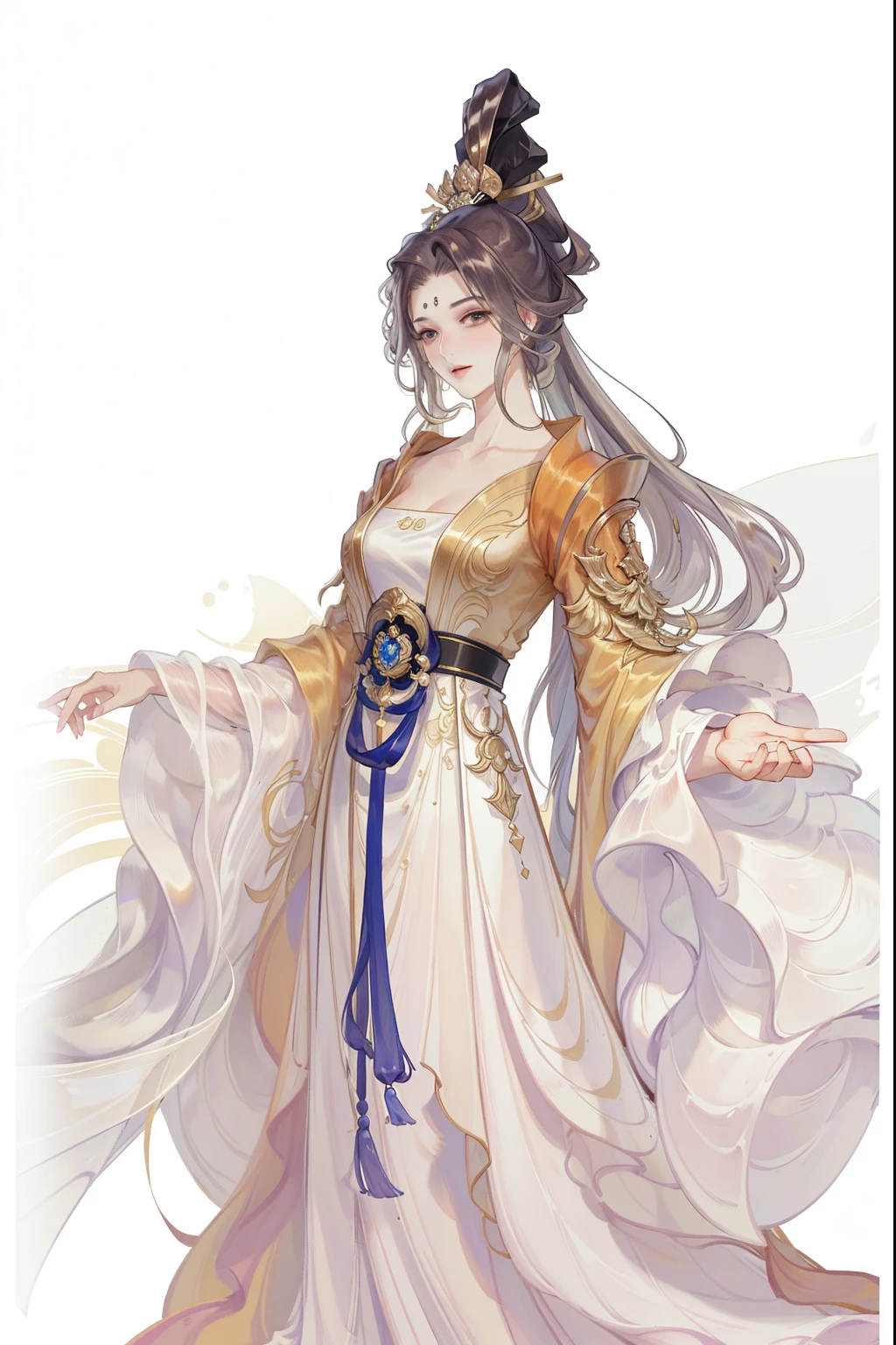 (((tmasterpiece, Best quality at best, 超高分辨率, CG unified 8K wallpaper, Best quality, ultra - detailed, ultra HD picture quality))), 1 beautiful, Long white hair, game fairy, Golden clothes, Hanfu, yarn, flowing gauze, jewely, Nice face, beautidful eyes, Beautiful hairstyle, Beautiful costumes, Structurally sound